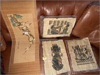 3 EGYPTIAN PAPYRUS PRINTS AND CHINESE WALL HANGING