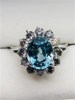 10K White Gold Blue Zircon Diamond Ring