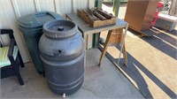 PLASTIC GARBAGE CAN, WATER BARREL, 2 WOOD