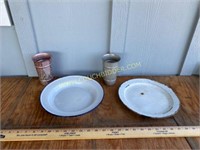 Two Enamel Plates and Metal Cups