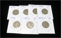 Lot, early Jefferson nickels, key dates 1938-D,