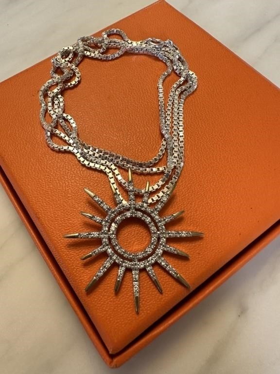 LG STERLING SILVER STARBURST NECKLACE LONG CHAIN