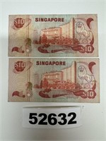 1980 Singapore 10 Dollar Notes, 2-Pack