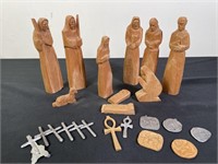 Wood Carved Nativity & Poured Pewter Crosses(24)