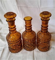 3 Vtg Amber Glass Decantors