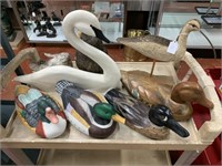 8 Birds, Two Hand Painted Porcelain Ducks, Wood