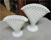 Pair Fan Hobnail Milk Glass Vases