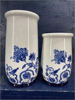 MATCHING BLUE AND WHITE VASES WITH BIRD AND