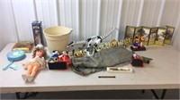 Japanese items, robot dinosaur, bucket of golf