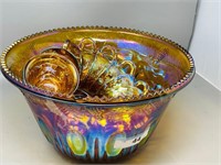 Carnival glass punch bowl & 12 cups
