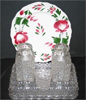 Early Adams Rose Plate, Daisy & Button Decanters