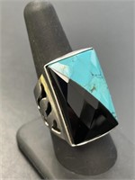 Large Sterling Turquoise and Jet Ring