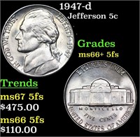 1947-d Jefferson Nickel 5c Grades GEM++ 5fs