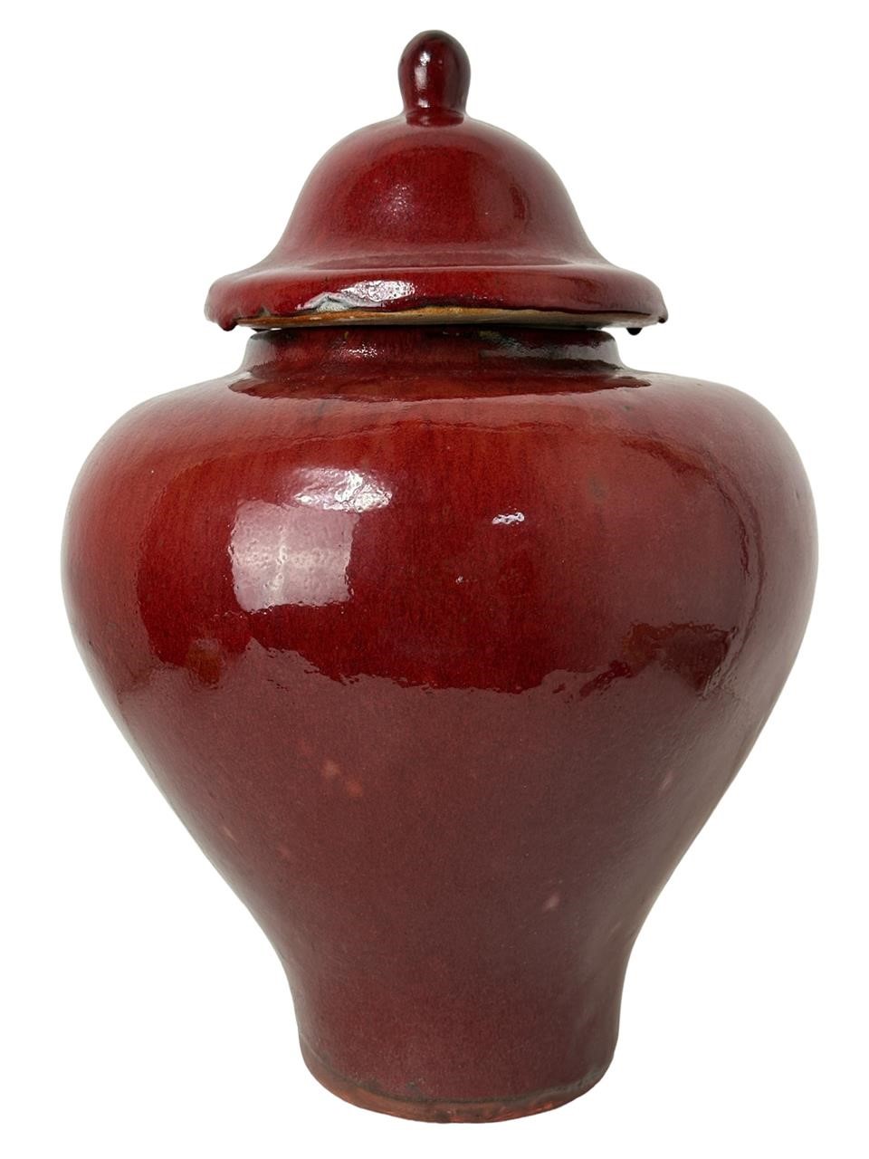 Large Red Glazed Pottery Urn w/ Lid