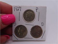 1927 Mercury 3coin P/D/S Mint Mark Dime Coin SET