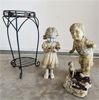 Outdoor garden figurines and plant stand