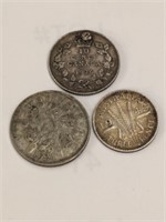 3 Silver Coins -1936 Canada, 1942 3 Pence, 1931