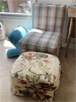 Plaid chair, floral ottoman, back cushion