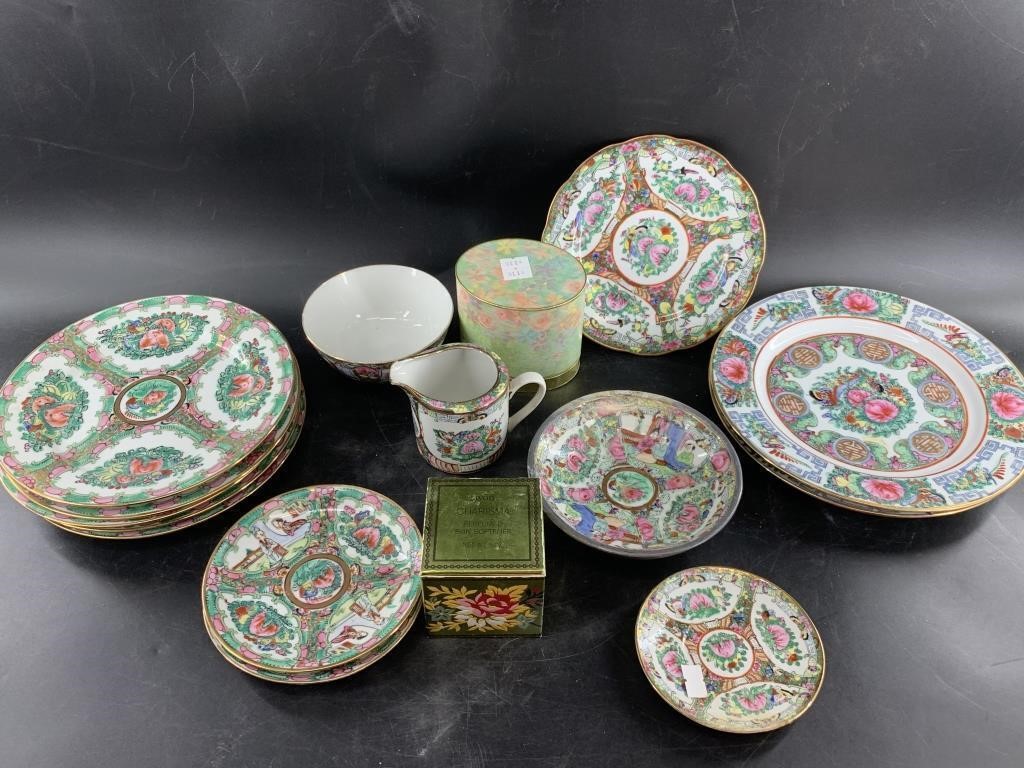 Very detailed china set with bright floral pattern