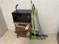 Microwave, Cart, and Cleaning Supplies