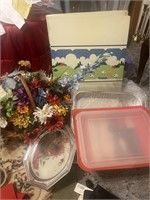 Cake pans, counter mats, floral arrangement