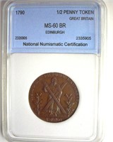 1790 1/2 Penny Token NNC MS60 BR Edenburgh