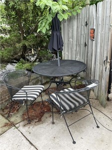 ROUND PATIO TABLE WITH TWO MATCHING CHAIRS AND UMB