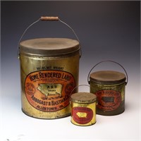 Three vintage Home Rendered Lard tin cans