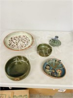 assorted pottery bowls, plate & candle holder