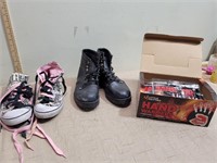 Size 8 Boots, size 11 Shoes & box of Hand Warmers