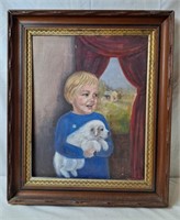 "Little Blonde Haired Girl & Puppy" Oil Painting