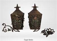 Pair of Antique Cast Iron Garden Wall Lanterns & O