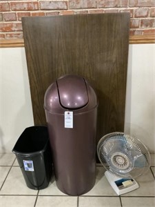Oscillating Fan, 2 Trash Cans & Table Top