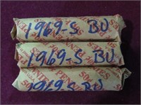 3 ROLLS 1969 S LINCOLN PENNIES BU