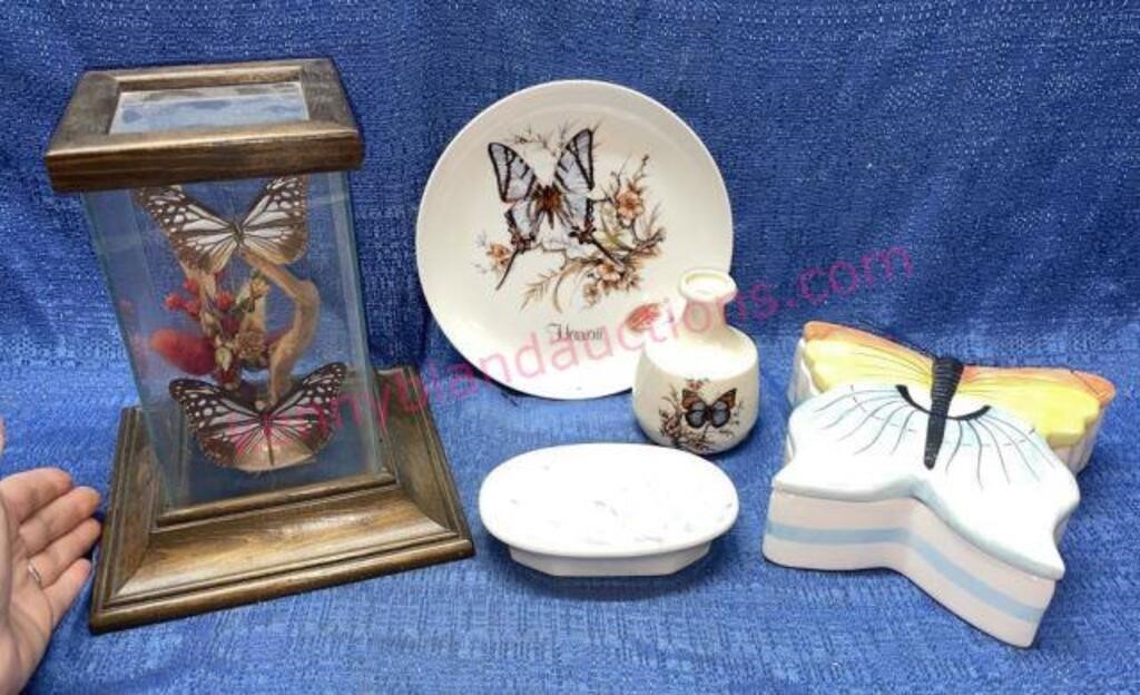 Butterfly lot: trinket box-shadow box-plate-vase