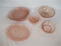 (7) Vintage Pink Depression Glass Oval and Round