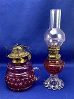 Cranberry Hobnail Finger Oil Lamp & Miniature