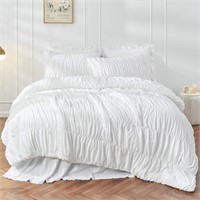 Queen Comforter Set White Bedding - 3 Piece Ruffle