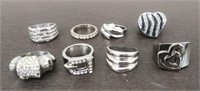 8 Silver Tone Fashion Rings - Various sizes