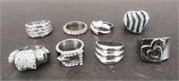 8 Silver Tone Fashion Rings - Various sizes