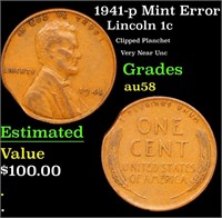 1941-p Lincoln Cent Mint Error 1c Grades Choice AU