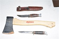 AXE & 2 VINTAGE HUNTING KNIVES ! -CSE