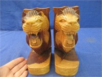 pair of wooden carved lion bookends