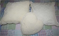 (3) Vtg Ivory Crochet+Accent Throw Pillows w/Heart