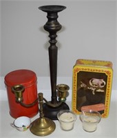 Misc Lot: Metalware + Glass Candle Holders