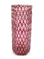 Blown Hexagonal Cranberry Lattice Vase 8.5"