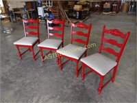 4 RED WOODEN CHAIRS with UPHOLSTERED SEATS