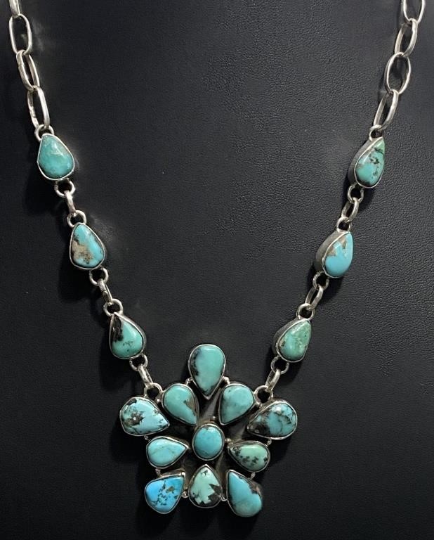 Large Turquoise Cluster Sterling Necklace 60.8g