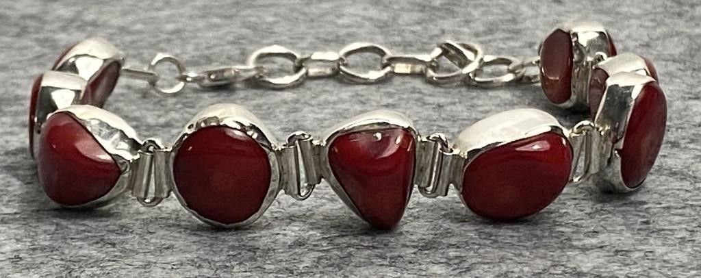 Sterling Silver And Coral Link Bracelet 23.9g