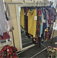 ROLLING CLOTHING RACK & 3 PURSES (ONLY)